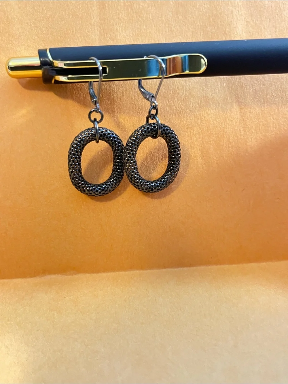 Textured Black Hoop Drop Earrings with Lever-Backs